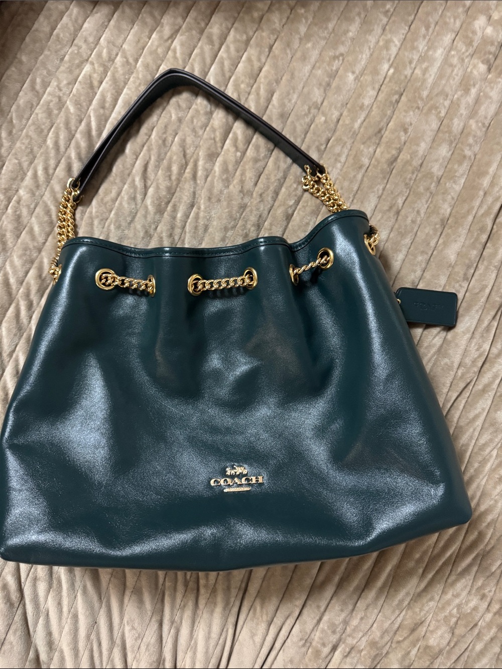 Coach Black Leather Drawstring Shoulder Bag with Gold Chain - Picture 3 of 3